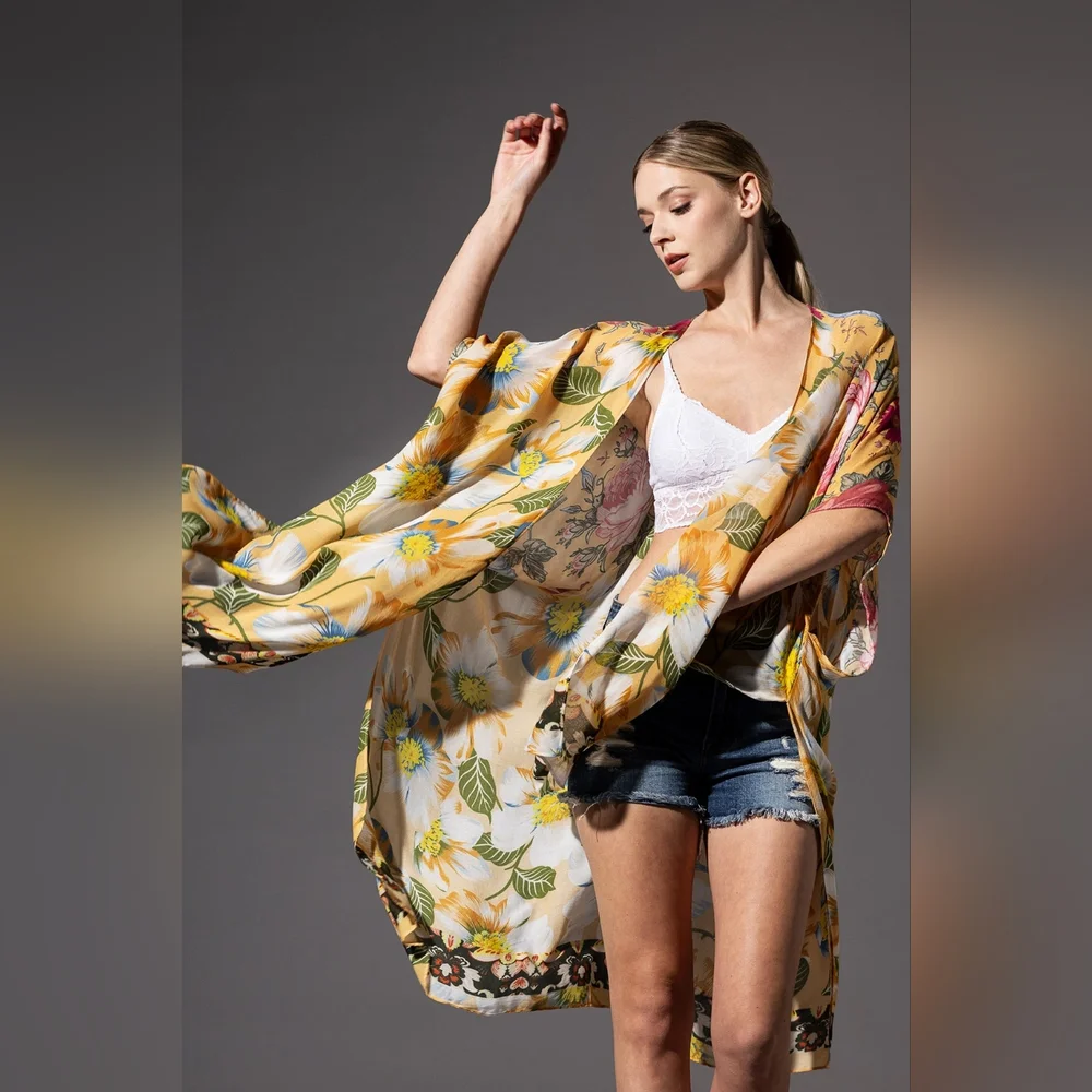 Soft & Silky Kimono - Colorful Floral Print - Dark Floral Border - Lightweight - Picture 2 of 7